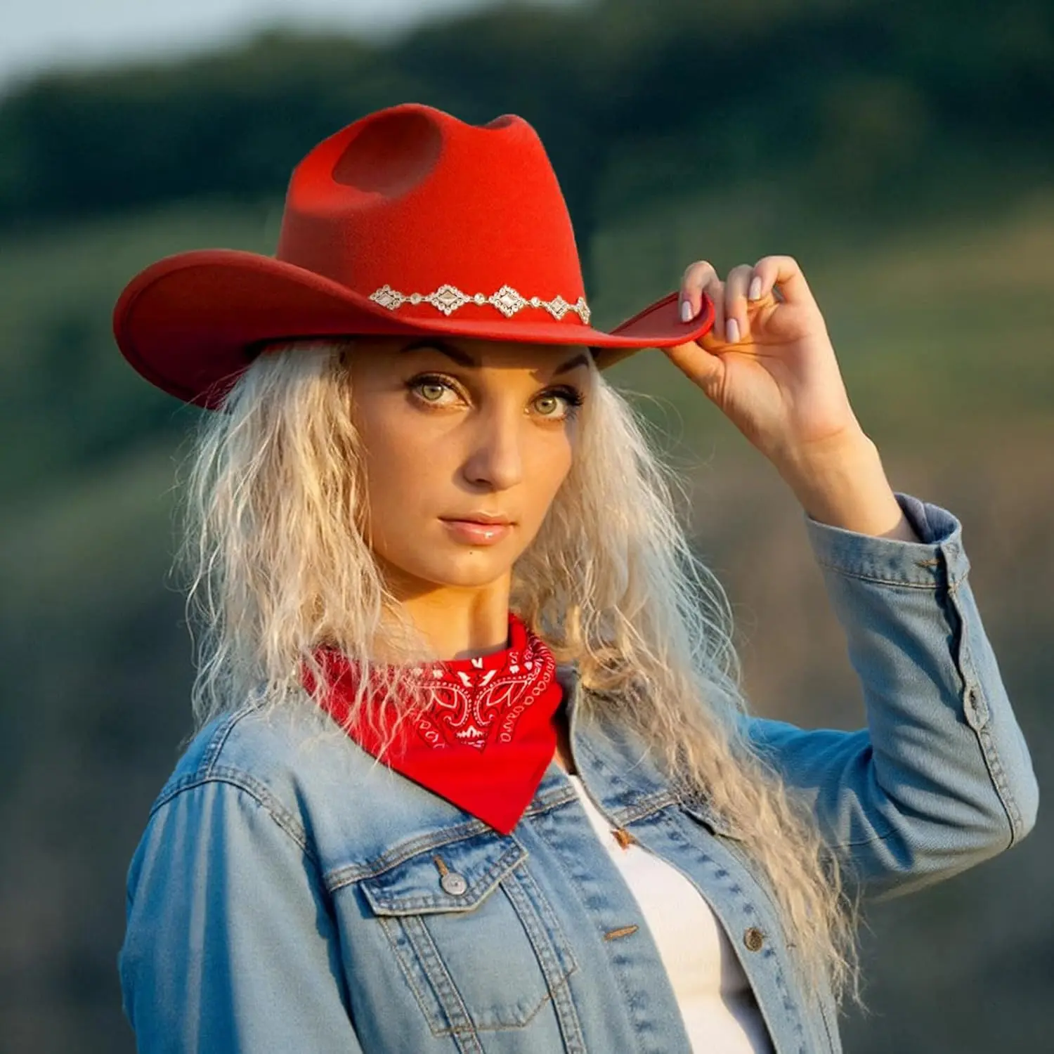 Western Cowgirl Hat for Women Men, Fedora Wide Brim  display picture 2