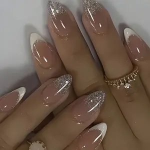 24pcs of Medium Almond-Shaped Press-On Nails - Nude Glitter Gradient with Shiny Pink Speckles, Includes a Nail File And Jelly Glue.