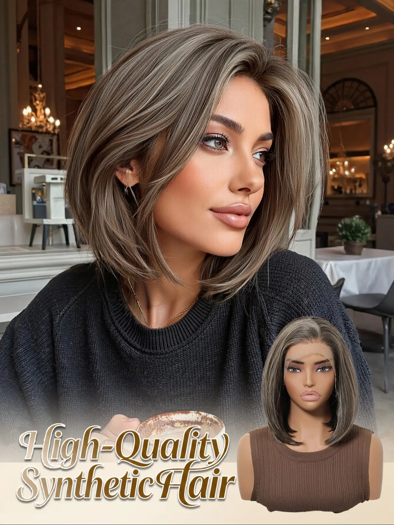 13x4 HD Synthetic Lace Front Bob | 10" Dark Root Silver Grey Highlight, Breathable & Lightweight Lace Frontal Wigs Synthetic Hair Wig