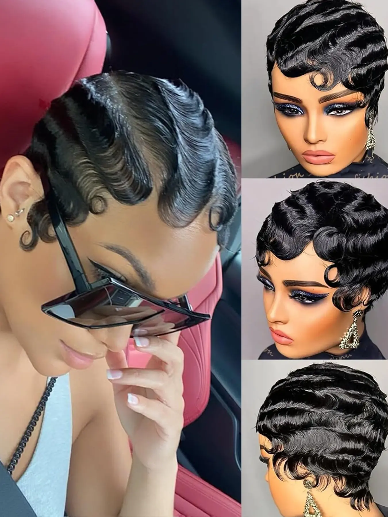 Finger Wave Pixie Cut Wig for Women Curly Wave Wig Halloween Wig Full Machine Made Human Hair Wig 150% Density 6 Inch Fluffy Natural Wig Pixie Wigs
