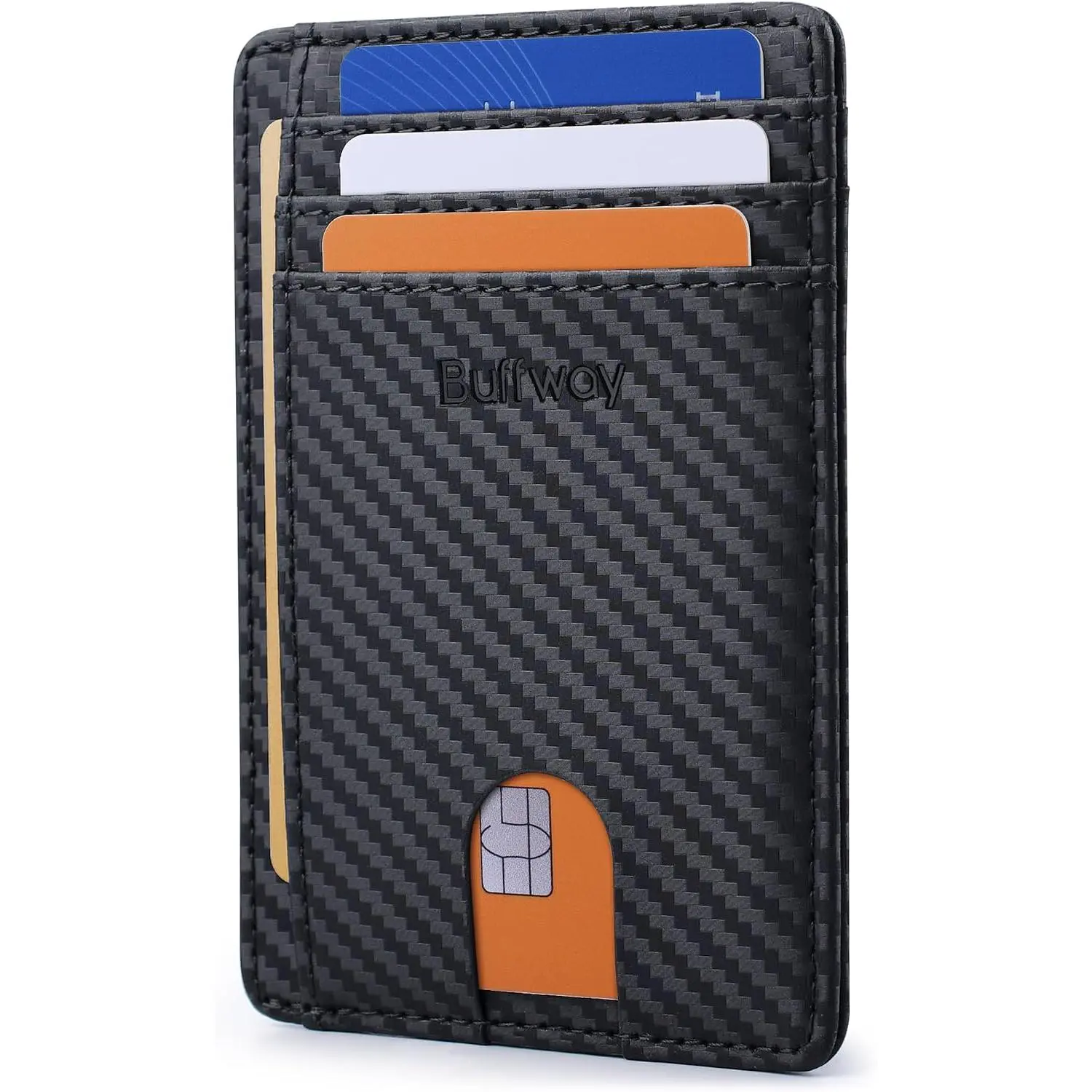 Slim Minimalist Front Pocket RFID Blocking Leather Wallets for Men and Women - Carbon Fiber Black