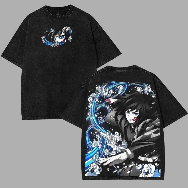 design tee,valentine shirts Water Hashira Giyu Tomioka v3 Demon Slayer Kimetsu No Yaiba Anime Double Printed Acid Washed Tee Menswear graphic tee