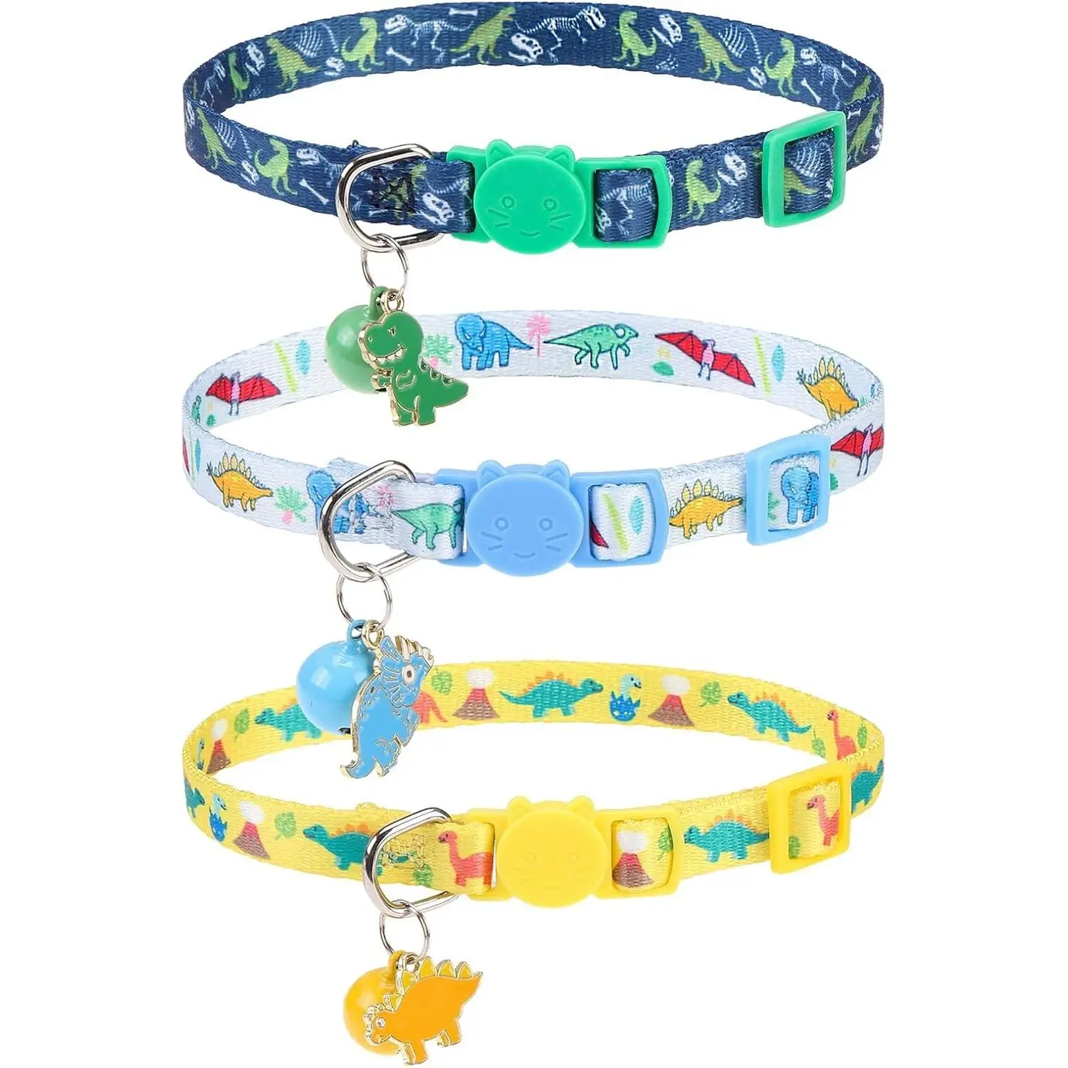 Breakaway Cat Collars with Bell & Cute Pendants, 3 Pack Safety Buckle Kitten Collars, Adjustable Pet Collar Ideal for Girl Boy Cats Puppy (Style A - Dinosaur)