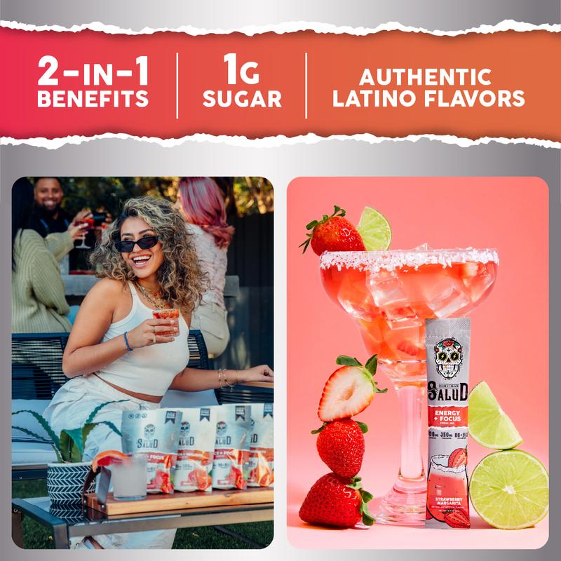 Salud 2-in-1 Energy Drink Powder + Focus, Strawberry Margarita, Organic Caffeine, B6 + B12, Theanine, Clean Energy Drink Packets, Agua Fresca Mix, Non-GMO, Gluten Free, Vegan, 1g of Sugar, (15 Servings)