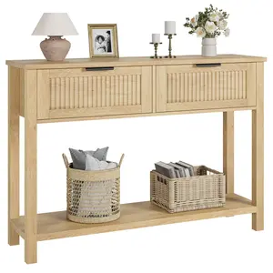 Modern Fluted Console Table with 2 Drawers - Narrow Entryway Sofa Table with Storage Shelf for Living Room, Hallway