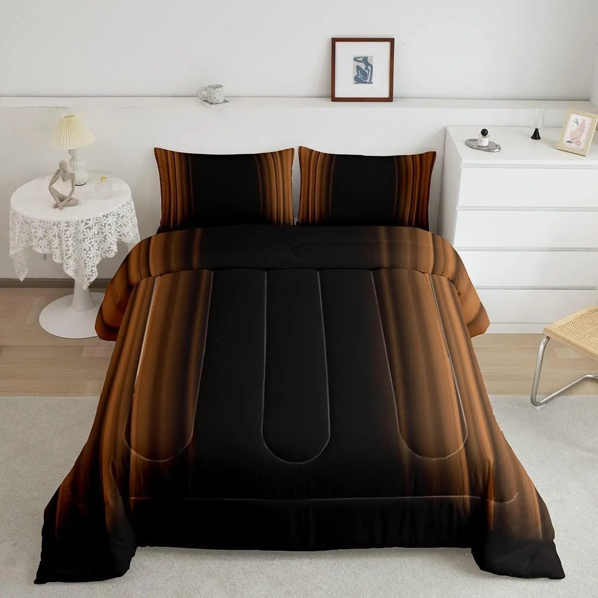 Abstract Ombre Pattern Bedroom Bedding Set - Brown Black Luxury Reversible Lightweight Microfiber Quilt Set, Decorative Bedding for Room Decor, Decorative Bedding Set