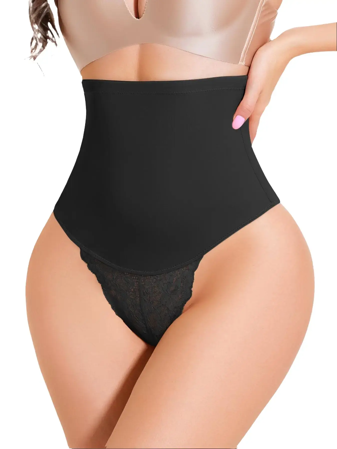 JUQDNX Women's Seamless Lace Thong Shapewear, Mid-Rise Panties with Tummy Control & Butt Lift for Wedding, Fantasy & Chinese New Year