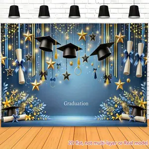 Graduation & Grad Celebration Backdrop – Star Cap Scroll Tapestry, Wall Hanging, Photography Background, Polyester HD Print, Live Streaming, Party, Event, Decor