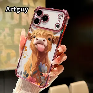 Phone Case for iPhone 17 16 Pro Max 15 Plus 14 13 12 11 E Air Fluffy Cow Charm Pattern Mobile Four Corner Anti-drop Shockproof Non-slip Silicone Transparent Protective Cover