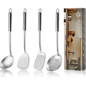 Cooking Utensils Set - 4 Pcs Stainless Steel Kitchen Utensils, Wok Utensils Set Include Wok Ladle, Wok Spatula, Slotted Spoon and Slotted Spatula, Dishwasher Safe