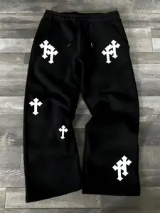 Men's Casual Sporty Long Pants, Cross Pattern Print, Drawstring Wide Leg, Loose-Fitting, All Seasons, Graphic Style, Casual Sporty Trousers, Sports Casual Pants