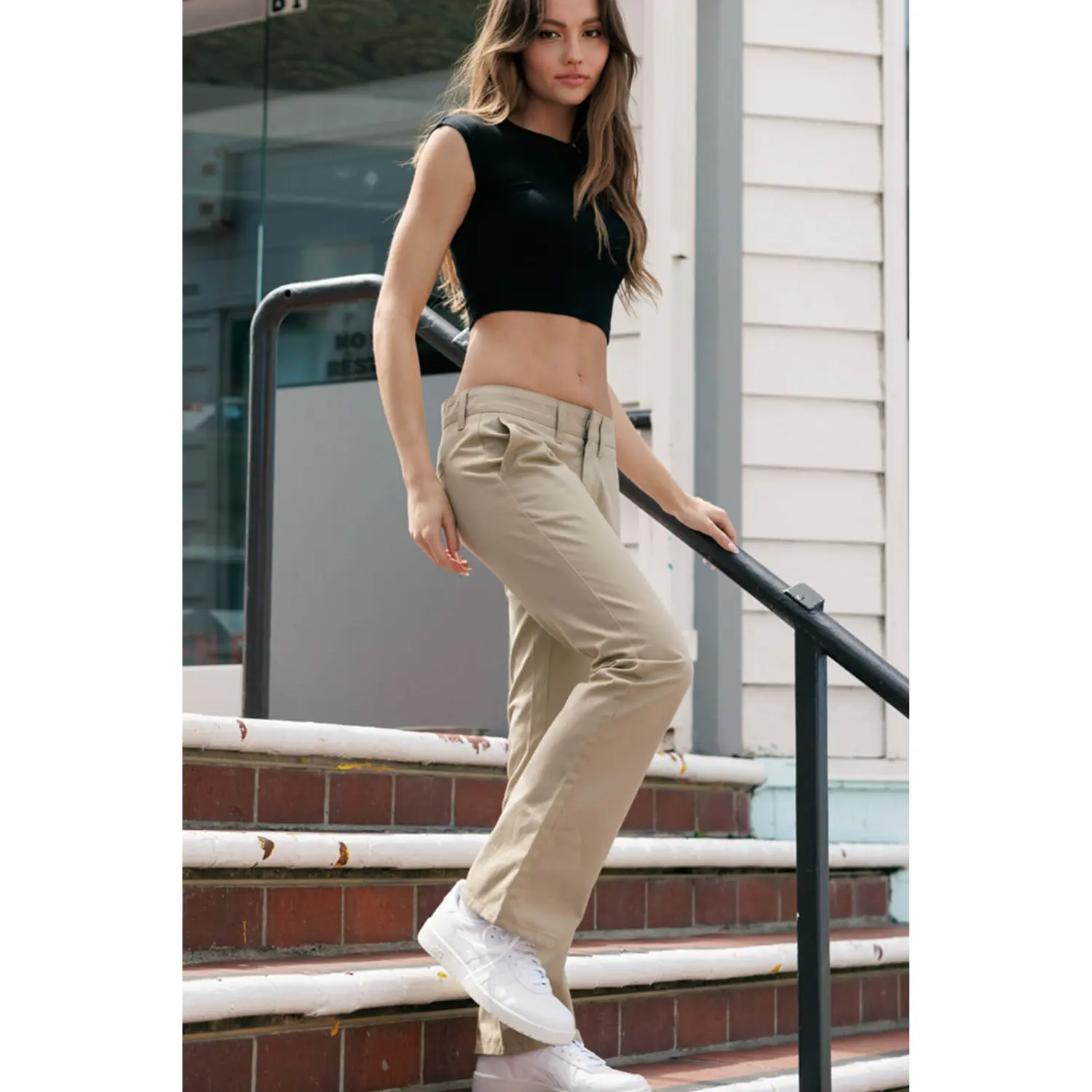Low Rise Flared Leg Work Pants - Khaki