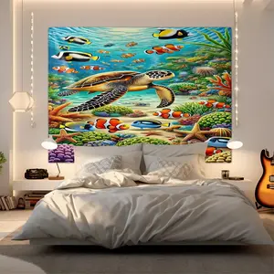 Vibrant Underwater Scene Tapestry, Colorful Marine Life Wall Hanging Tapestry, Beautiful Digital Print Wall Tapestry featuring Sea Turtle and Clownfish, Lush Coral Reef Decor, Perfect for Bedroom, Living Room, and Ocean Lovers' Home Art.