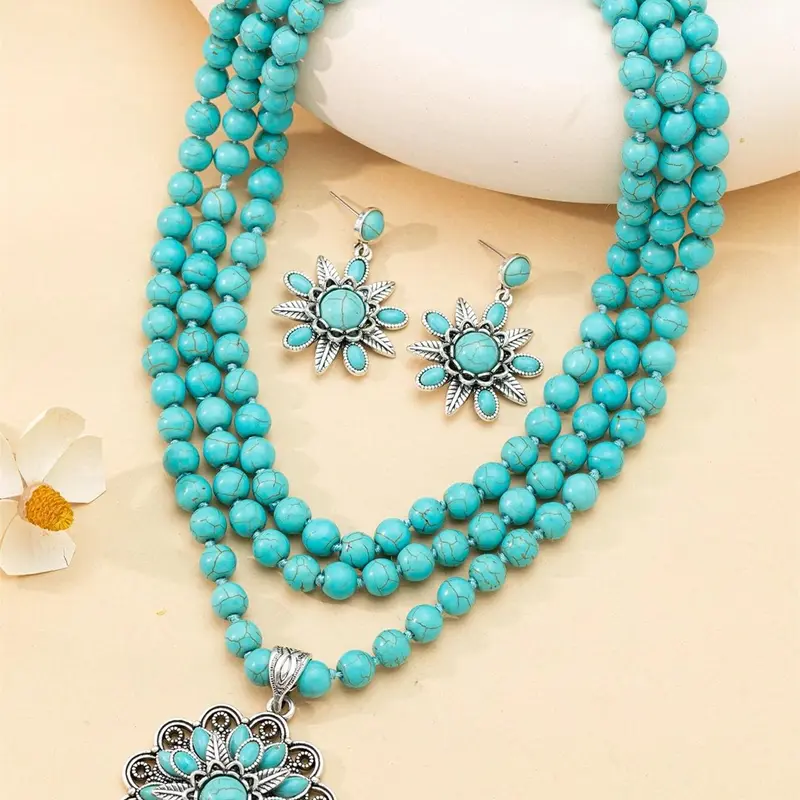 Boho Style Turquoise Texture Decorated Necklace and Dangle Earrings, Fashion Jewelry for Party, Daily Clothing Decor, Trendy All-match & Exquisite Jewelry for Birthday Gift