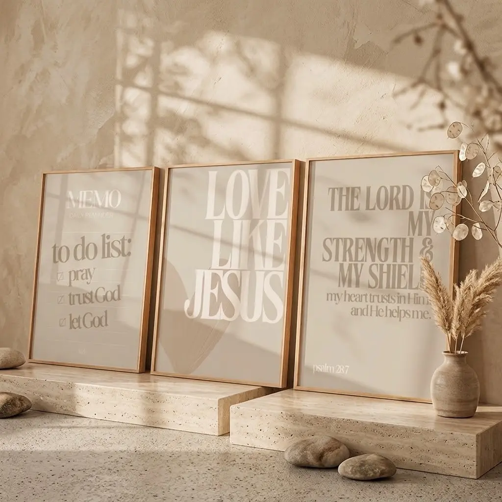 Christian Wall Art 3-Piece Set - Neutral Bible Verse Prints, Faith To-Do List, Love Like Jesus, Psalm 28:7 Scripture Home Decor | Digital Download