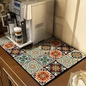 1pc, Quick Dry Coffee Mat, Coffee Bar Accessories, Non-slip Floral Boho Kitchen Counter Absorbent Plate Drying Mat, Microfiber Suitable For Coffee Maker, Coffee Pot, Super Absorbent Mat, Good Cleaning
