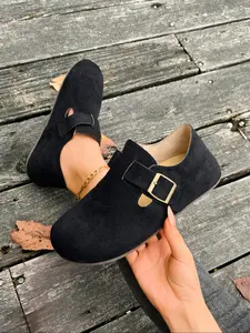 Women's Retro Birkinstyle Shoes Fall Winter New Textured Leather Buckle Slip-On Comfortable Soft Sole Versatile Flat Mules