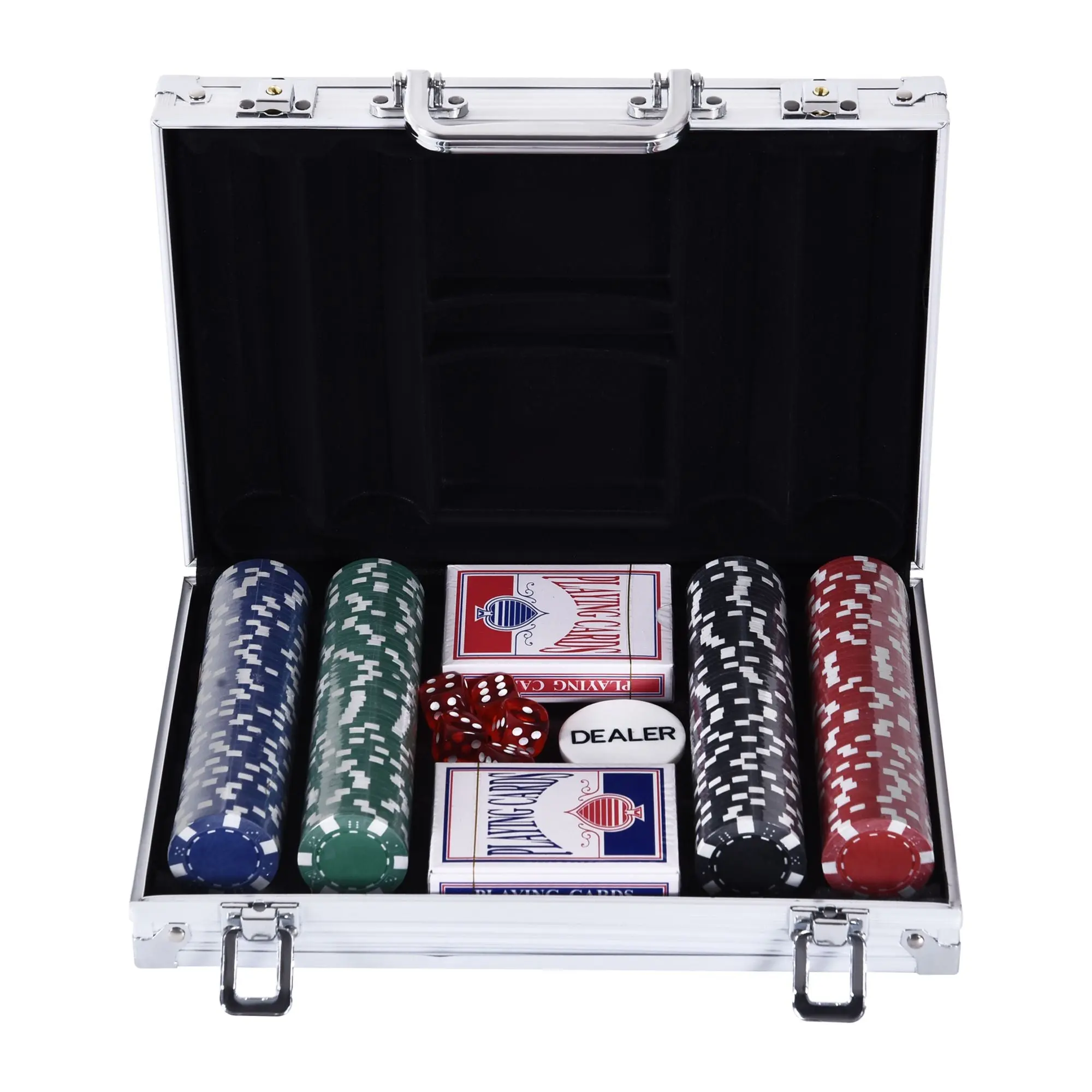 Poker Chip Set with Aluminum Case, 200 Striped Poker Chips, 2 Decks of Cards, 5 Dice, Dealer Button, Silver