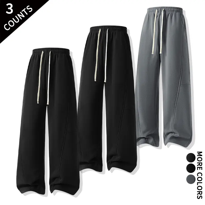 Basic Solid High Waist Drawstring Wide Leg Sweatpants 3 Pack for Men, Breathable Comfort Track Pants for Student Campus Sports & Daily Office Wear
