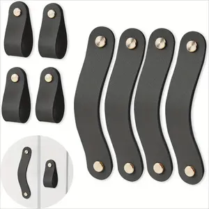 4-Pack Heavy Duty Vintage Furniture Handles - Elegant Curved Drawer Pulls and Door Knobs for Kitchen Cabinets, Wardrobes, Bathroom Vanities (Black) - Ideal for Modern or Traditional Decor, Minimalist Design, Leather Material