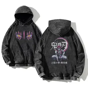Demon Slayer Akaza Eyes Anime Washed Hoodie, Oversized Menswear And Women Menswear Tops, Gym Pump Cover, Hip Hop Y2K Graphic Apparel, Gift for Fans