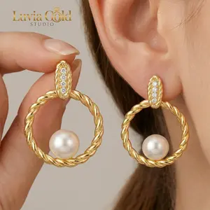 Vintage Rope Circle Pearl Drop Earrings for Women 18 K Gold Plated E-coating Eco-friendly Brass（Nickel Lead Free）Hypoallergenic Jewelry inlaid with cubic zirconia  Valentine's Day gift Birthday Gift Fashion Jewelry for Party Luvia Gold Studio