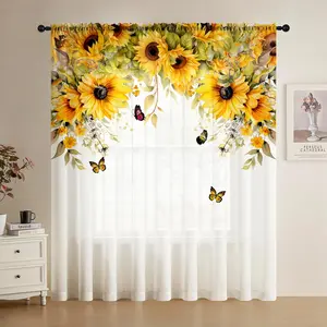 Spring Summer Garden Wind Digital Print Sheer Curtain, Sunflower Butterfly Pattern, High-Quality Fabric, Privacy Protection, Home Decor for Bedroom Living Room Kitchen Office