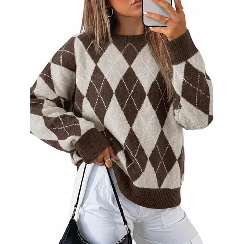 Tankaneo Women Oversized Argyle Plaid Sweater, Long Sleeve Lightweight Knit Pullover Casual Fall Tops