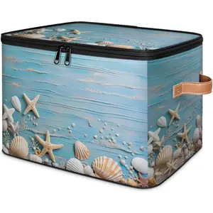Sea Star Shell Storage Bins with Lids Canvas Collapsible Storage Basket Cube Storage Organizer Kid Toys Closet Organizer for Bedroom Bathroom
