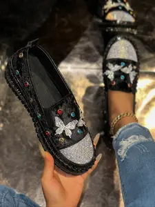 Women's Casual Mary Jane Flats, Butterfly Decorated Loafers, Cute Sweet Butterfly Rhinestone Decor, Slip-On Round Toe Shoes, Comfortable All Seasons, Tpr Sole