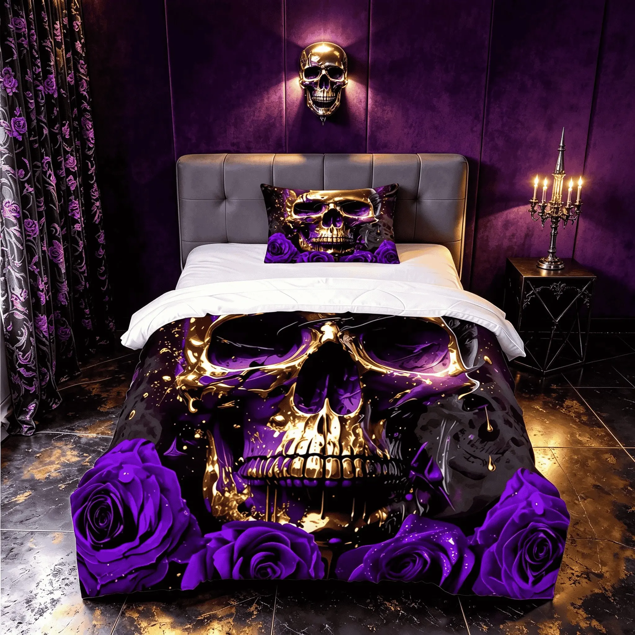 2/3pcs Luxury Purple‑Gold Gothic Skull & Rose Comforter Set, Digital Print Quilt Bedding, Without Pillow Insert, Dark‑Aesthetic Bedspread for Gothic Fans Bedroom Decor & Halloween Gift