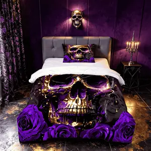 2/3pcs Luxury Purple‑Gold Gothic Skull & Rose Comforter Set, Digital Print Quilt Bedding, Without Pillow Insert, Dark‑Aesthetic Bedspread for Gothic Fans Bedroom Decor & Halloween Gift
