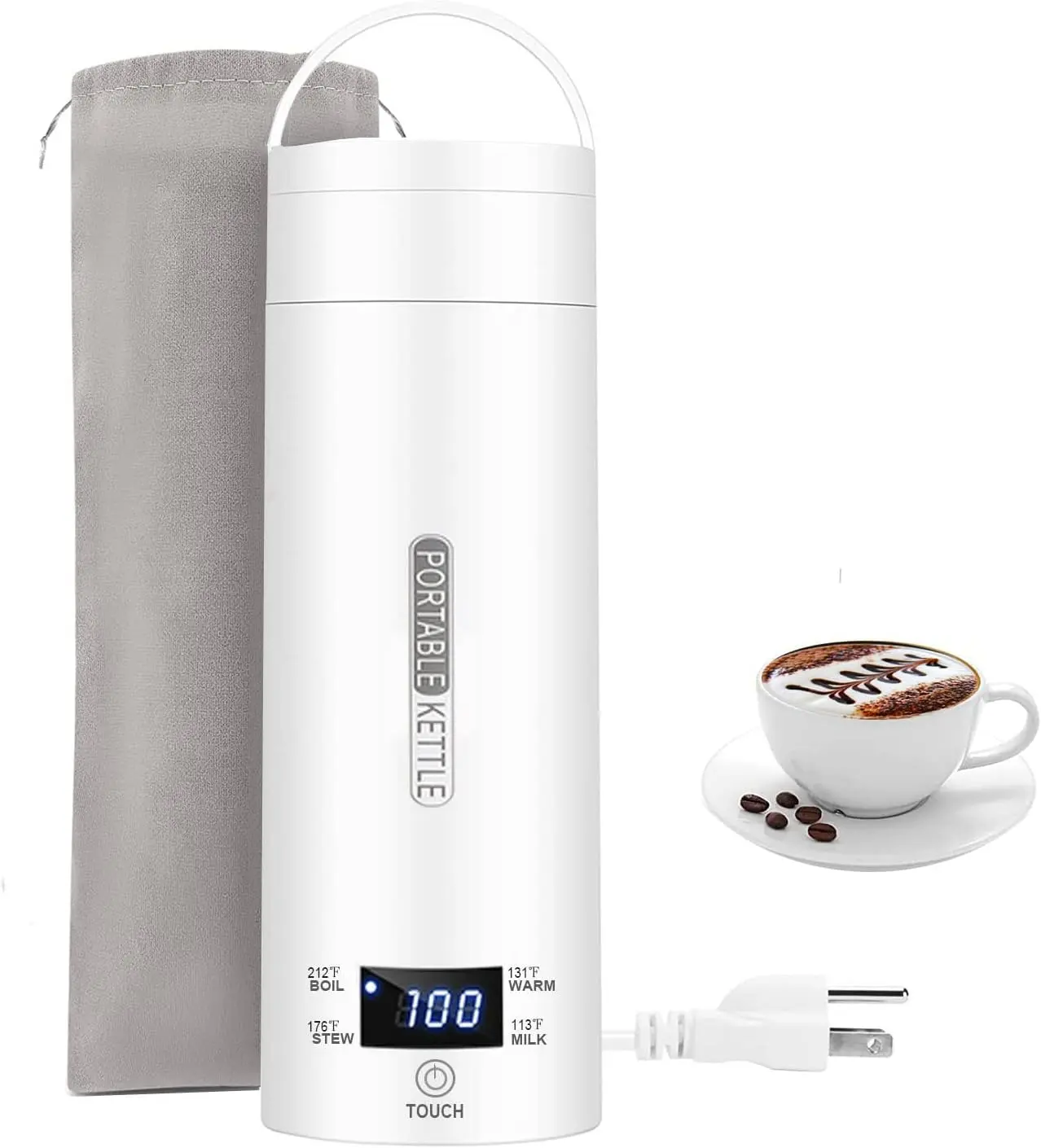 Travel Electric Kettle Portable Small Mini Tea Coffee Kettle Water Boiler, Water Heater with 4 Temperature Control,304 Stainless Steel with Auto Shut-Off & Boil Dry Protection, BPA-Free Household Appliances for Home Kitchen(White)