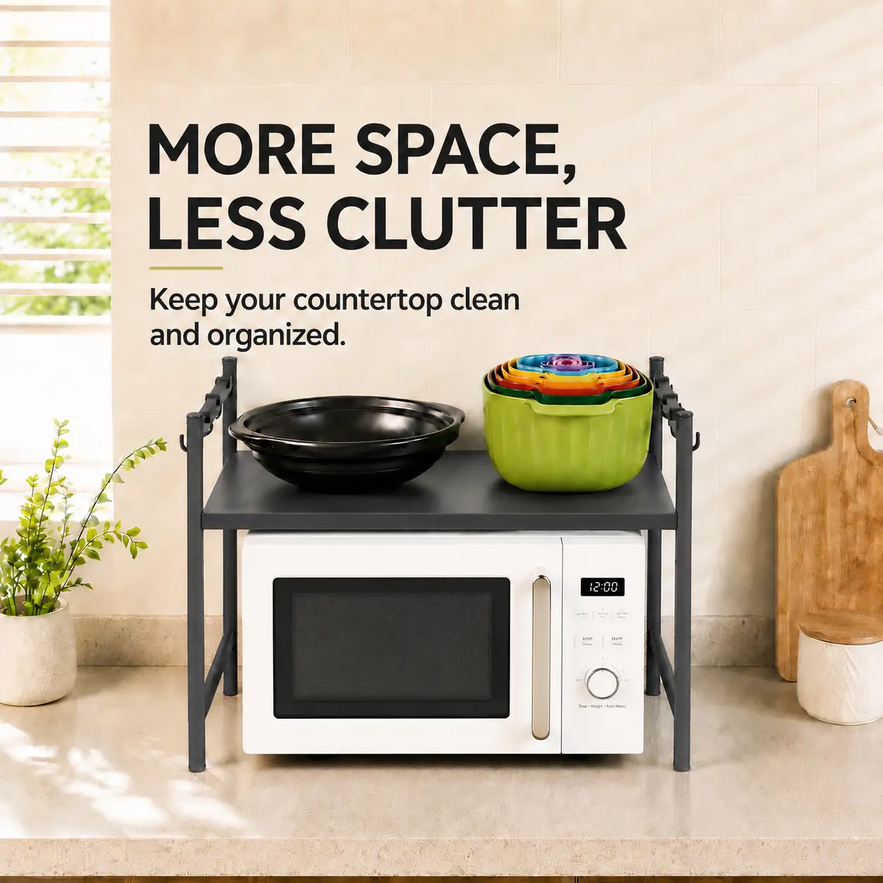 2-Tier Adjustable Height Microwave Oven Rack with 6 Hooks, Countertop Org. Space-Saving Kitchen Appliance & Home Storage Organizer Shelf
