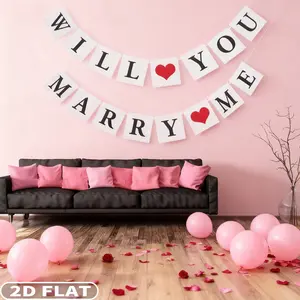 2D FLAT 16pcs Will You Marry Me" Black Letter Party Banner with Red Heart - Polyester 5x5 Inch Romantic Valentine'S Day, Engagement, Wedding, Easy To Hang, Perfect for Home, Garden, or Party Decor, Romantic Home Decor | Wedding Decor