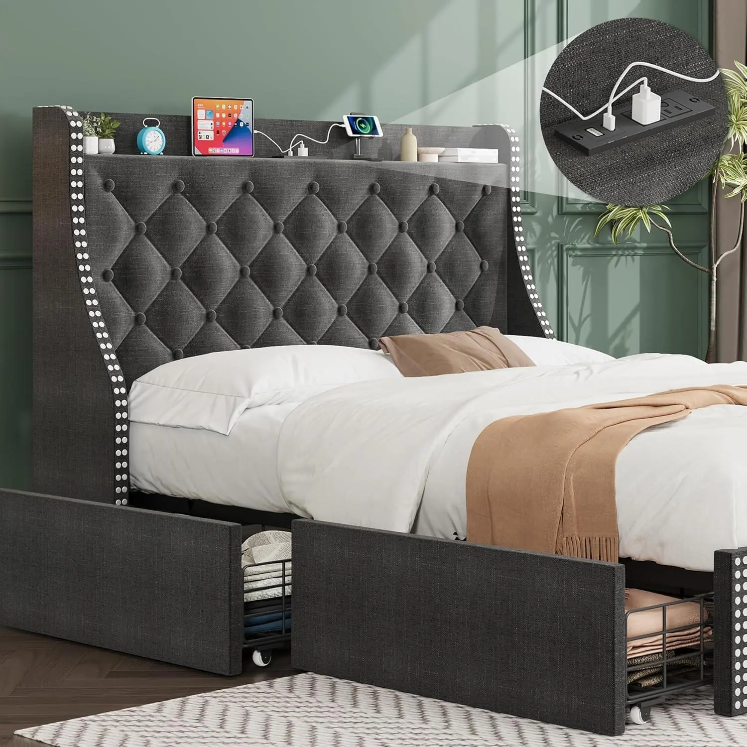 Gray Full Size Bed Frame - Wingback Headboard, 4 Storage Drawers, Charging Station, Diamond Cluster Design, No Box Spring