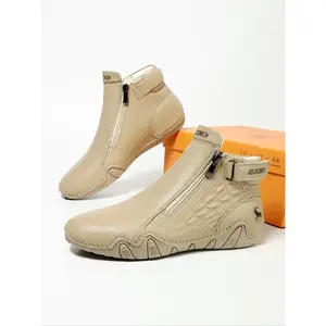 Men’s outdoor hiking boots with zipper, all-season casual fashion cow leather ankle boots, sporty shoes for outdoor activities