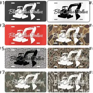 [ CAMO NATION ] Blue Collar Dollars Excavator License Plate - Custom Construction Truck Tag - Heavy Equipment Lover Camo Design - Gift for Contractor & Operator