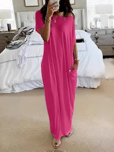 Women's Comfortable Loose-Fit Short Sleeve Nightgown, Casual Loungewear Home Wear for All Seasons, Soft Round Neck Sleepwear with Batwing Sleeves