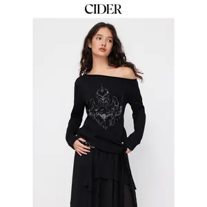 Cider Cotton-blend Abstract Graphic Asymmetrical Neck Long Sleeve Tie Side Oversized Tee