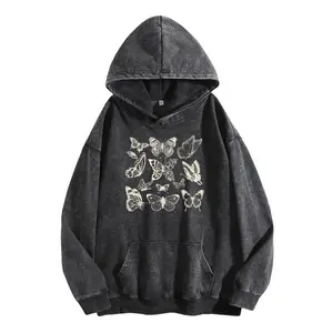 Wayii Fashion Women's Butterfly Print Acid Wash Hoodie Vintage Sweatshirt Oversized Loose Fit Winter Warm Streetwear Casual Tunic