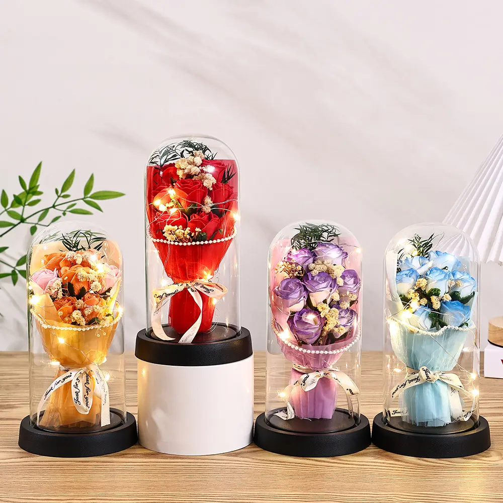 Preserved Rose Glass Dome Bouquet Floral Glass Ornament - Lychee Pink Roses, Mum, Artificial Wreath, Greeting Card, Gift Bag - Non-Wilting Dried Flowers for Girlfriend, Home Decor, Lychee Pink Roses + Greeting Card + Gift Bag