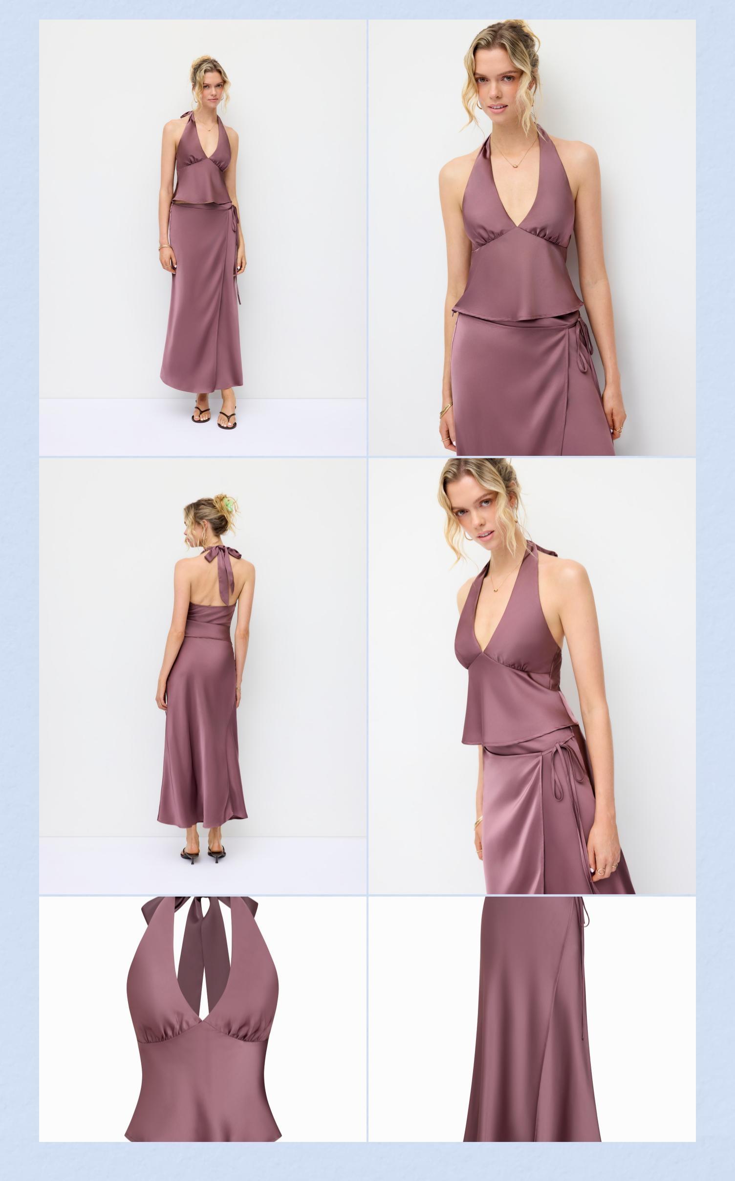 Cider Women's Chic Elegant Sleeveless Satin Halter Top & Wrap Floor-Length Maxi Skirt 2-Piece Clothing Set, Halter Neck, Evening Wear, Women 2 Piece Sets