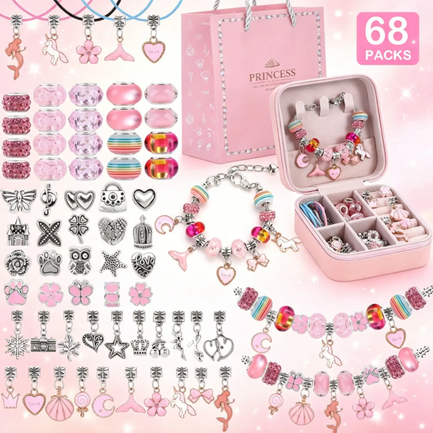 Princess Themed Colorful DIY Charm Bracelet Jewelry Making Kit for Girls 68Pcs Beaded Decor Pendants Playful Stylish Jewelry Set Special Jewelry Box Idea Unique Craft Gift for Girlfriend Birthday Valentine's Christmas New-Year Gift Ideas for Women