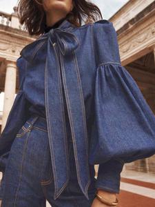 women's denim-effect print tie neck shirt, chic casual fitted longsleeves top for daily wear, ladies clothes for all seasons, womenswear, elegant classy tops