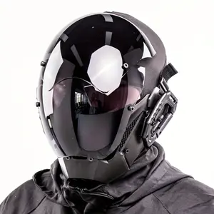 Cyberpunk Futuristic Full Face Helmet Mask - Sci-Fi Techwear Tactical Mask for Halloween Cosplay, Rave Party, Music Festival & Streetwear Outfit, Black Mechanical Cosplay Accessory