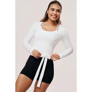 Hera Women's Long Sleeve Wrap Top in White | Cotton Yoga & Workout Shirt