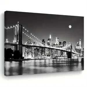 A Black and White Brooklyn Bridge Canvas Wall Art, Wooden Frame Night Scene Print, Suitable for Living Room, Bedroom, Office - Bachelorette Party Decoration, Unique Holiday Gift, for