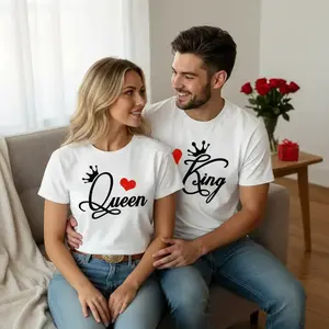 [Valentine's Day Couple] Valentine's Day Couple Outfits King And Queen Letter Designs 180gms cotton t-shirt Womenswear Clothes Heart Love Womenswear Shortsleeve Crewneck Casual Clothes Printed Soft Comfortable T-Shirt Black Rose Floral Crew Neck T-Shirt