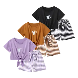 #SummerVibes 6-Piece Spring/Summer Set for Girls: New Arrival-Cute Heart-Print Twisted-Waist Short-Sleeve Striped Shorts. Stylish, Casual, and Versatile Summer Outfit for Girls
